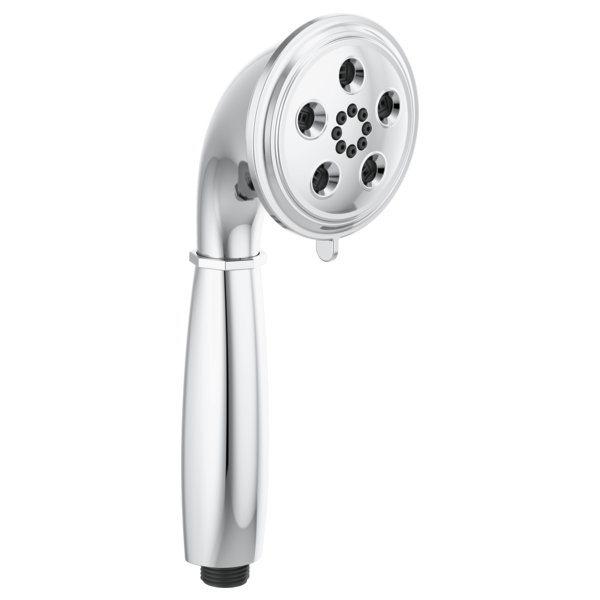Chrome handheld showerhead with round face and multiple spray jets mounted on curved handle.