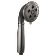 Luxe steel round handshower with multiple spray nozzles and curved handle.