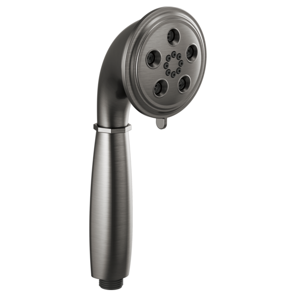 Luxe steel round handshower with multiple spray nozzles and curved handle.