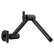 Matte black wall-mounted shower arm with jointed construction and circular flange connector.