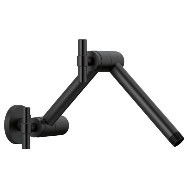 Matte black wall-mounted shower arm with jointed construction and circular flange connector.