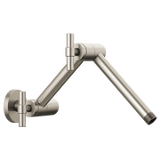 Brushed nickel wall-mounted shower arm with jointed articulation and round flange connector.