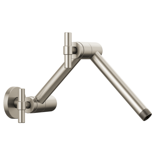 Brushed nickel wall-mounted shower arm with jointed articulation and round flange connector.