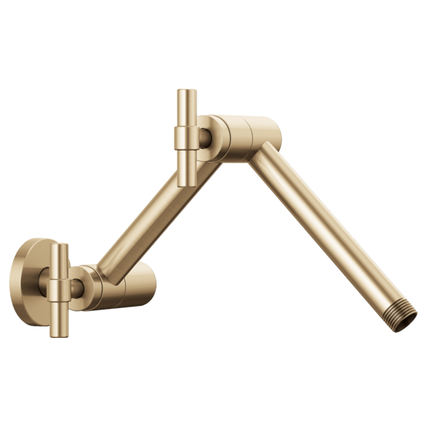 Luxe gold wall-mounted shower arm with jointed articulating joints and round flanges on both ends.