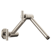 Brushed nickel wall-mount shower arm with jointed design and round flange connectors.