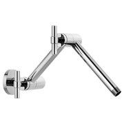 Chrome wall-mounted shower arm with jointed joint and round flange connector for universal showering systems.