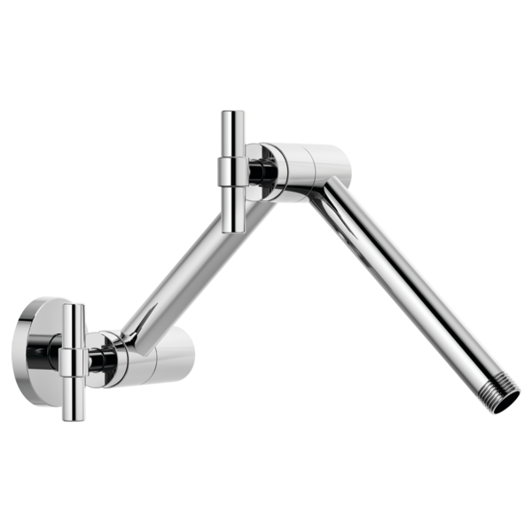 Chrome wall-mounted shower arm with jointed joint and round flange connector for universal showering systems.