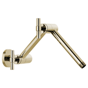Polished nickel wall-mount shower arm with jointed connector and circular flange plate.