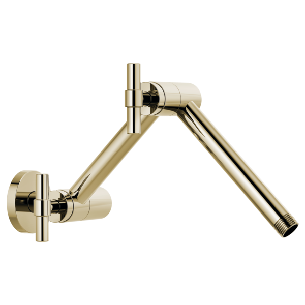 Polished nickel wall-mount shower arm with jointed connector and circular flange plate.