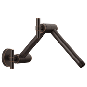 Venetian bronze wall-mounted shower arm with round jointed connector and circular flange.