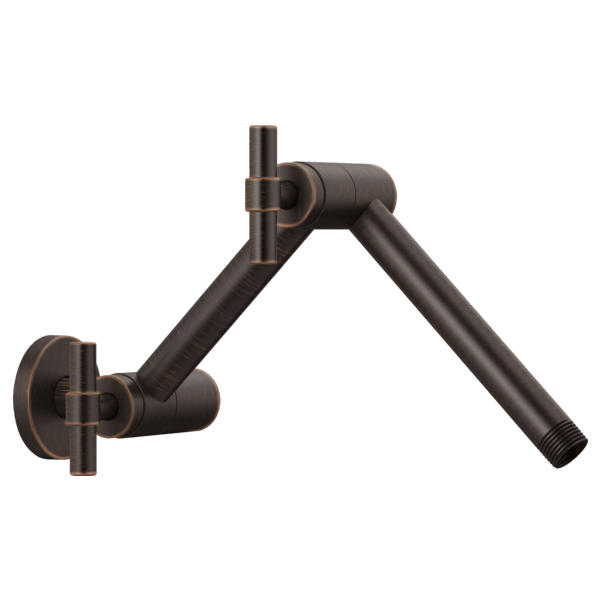 Venetian bronze wall-mounted shower arm with round jointed connector and circular flange.