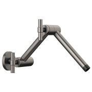 Luxe steel wall-mounted shower arm with jointed articulation and round flange, angled downward.