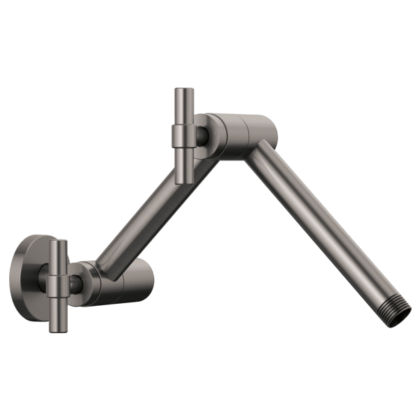 Luxe steel wall-mounted shower arm with jointed articulation and round flange, angled downward.