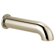 Polished nickel tub spout with round wall mount and curved angled outlet.