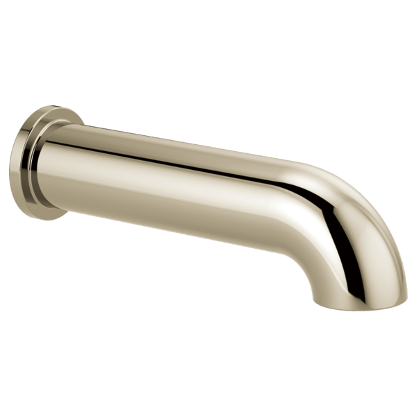 Polished nickel tub spout with round wall mount and curved angled outlet.
