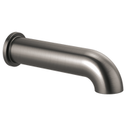 Brushed steel tub spout with rounded linear design and wall-mounted flange on left side.