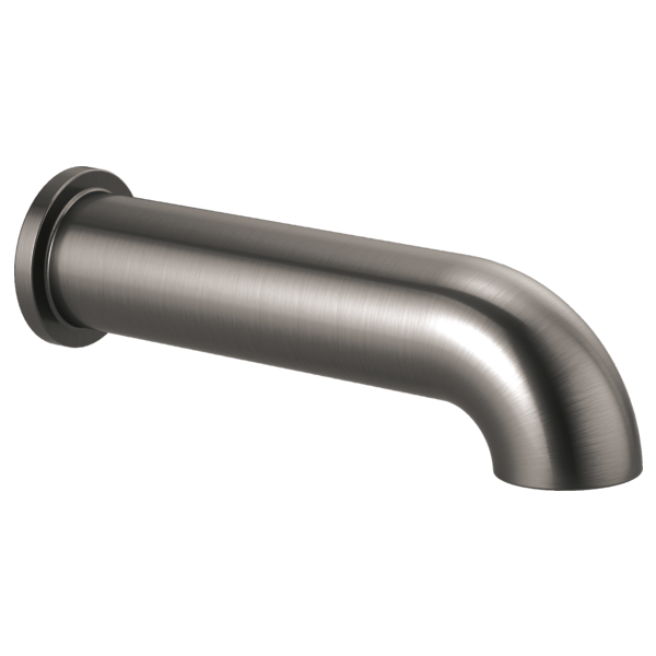Brushed steel tub spout with rounded linear design and wall-mounted flange on left side.
