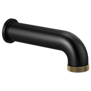 Matte black curved tub spout with luxe gold knurled grip ring and wall-mounted flange.