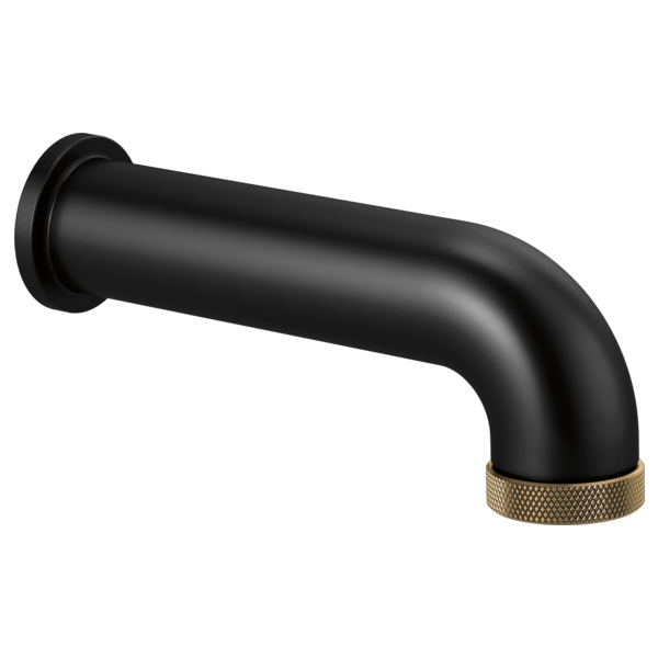 Matte black curved tub spout with luxe gold knurled grip ring and wall-mounted flange.