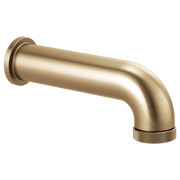 Luxe gold tub spout with curved outlet and diverter knob at end.