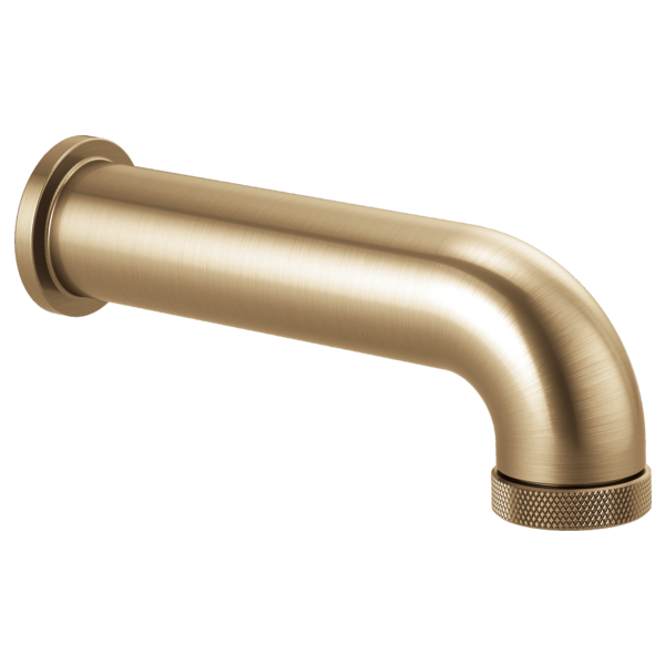 Luxe gold tub spout with curved outlet and diverter knob at end.