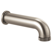Brushed nickel curved tub spout with diverter and textured grip end.