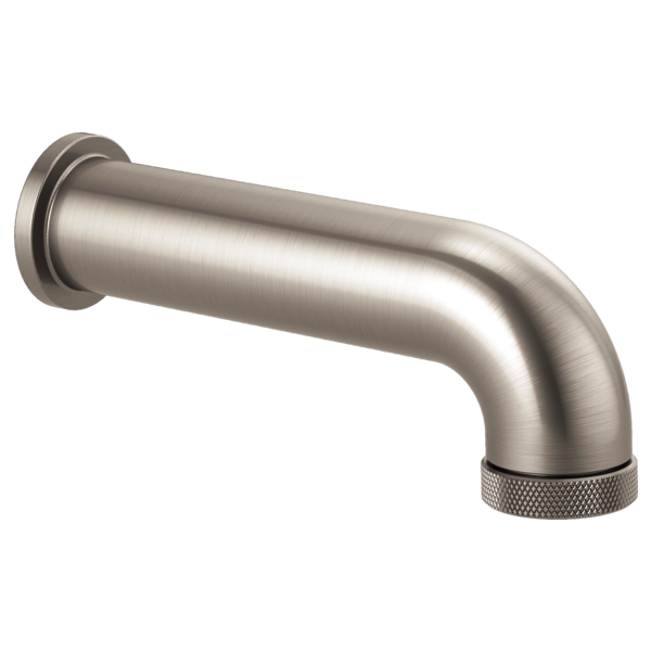 Brushed nickel curved tub spout with diverter and textured grip end.