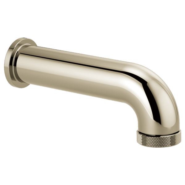 Polished nickel curved tub spout with wall-mounted connection and textured grip end.