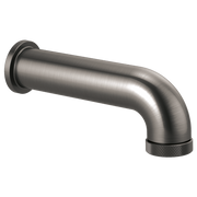 Luxe Steel tub spout with curved outlet, wall-mounted connector, and textured grip ring on end.