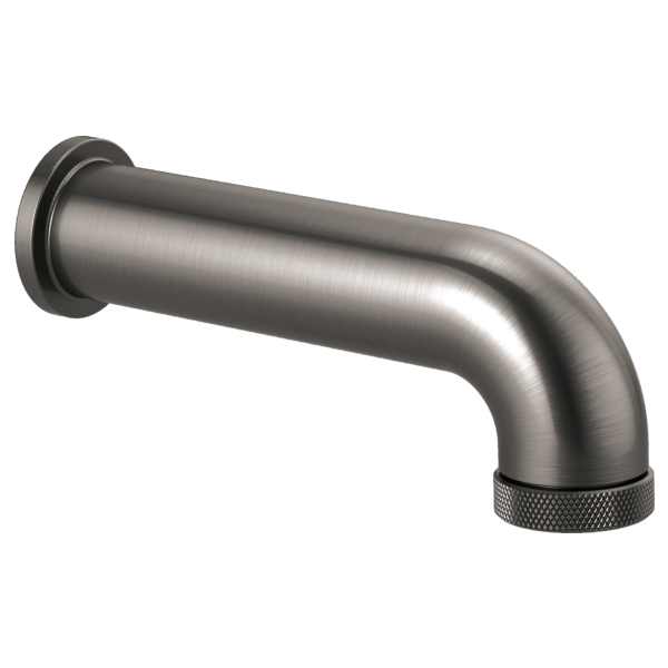 Luxe Steel tub spout with curved outlet, wall-mounted connector, and textured grip ring on end.