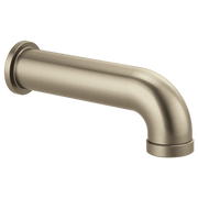 Brushed nickel linear round diverter tub spout with curved outlet and wall-mounted flange.