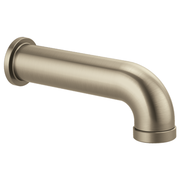 Brushed nickel linear round diverter tub spout with curved outlet and wall-mounted flange.