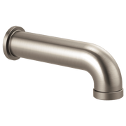 Brushed nickel curved tub spout with round wall mount and angled outlet.