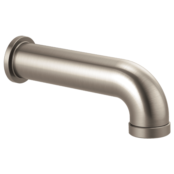 Brushed nickel curved tub spout with round wall mount and angled outlet.