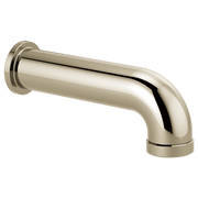 Polished nickel linear round diverter tub spout with curved outlet and wall-mounted flange.