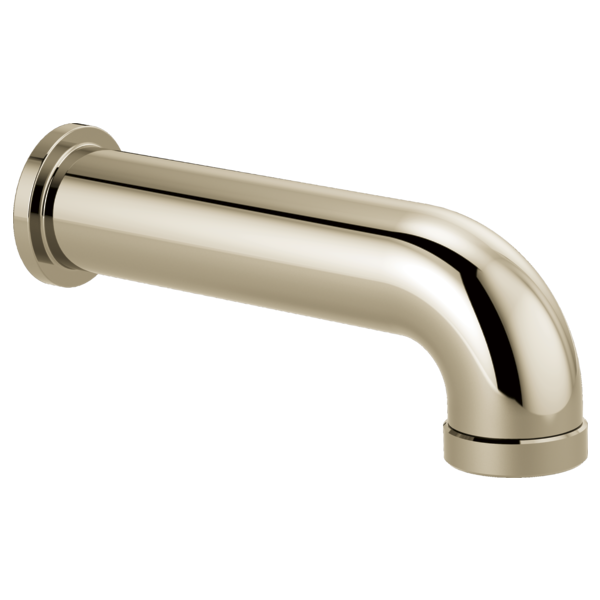 Polished nickel linear round diverter tub spout with curved outlet and wall-mounted flange.