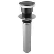 Matte black push button pop-up drain with white collar and gray cylindrical body for sink installation.
