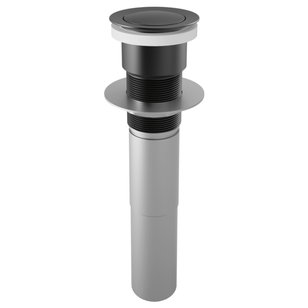Matte black push button pop-up drain with white collar and gray cylindrical body for sink installation.