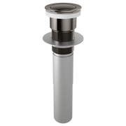 Black onyx push button pop-up lavatory drain assembly with chrome trim ring and white sealing collar.