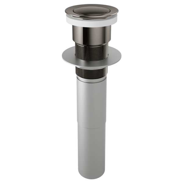 Black onyx push button pop-up lavatory drain assembly with chrome trim ring and white sealing collar.