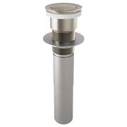 Brushed nickel push button pop-up sink drain assembly with cylindrical body and circular top plate.