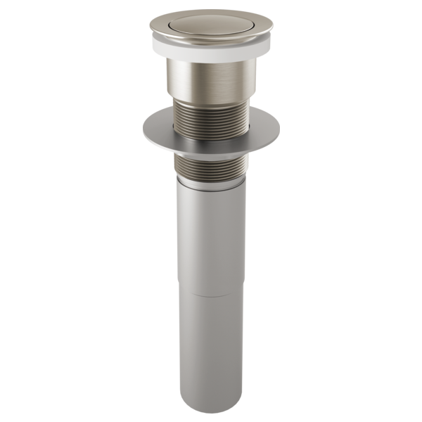 Brushed nickel push button pop-up sink drain assembly with cylindrical body and circular top plate.