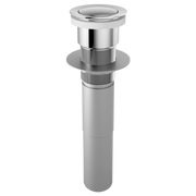 Chrome push button pop-up drain assembly with cylindrical body and threaded mounting collar, no overflow hole.