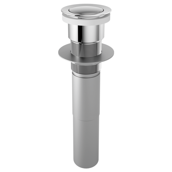 Chrome push button pop-up drain assembly with cylindrical body and threaded mounting collar, no overflow hole.
