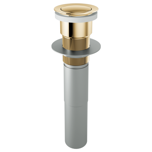 Polished gold push button pop-up drain assembly with gray pipe and threaded brass connector, shown fully assembled.