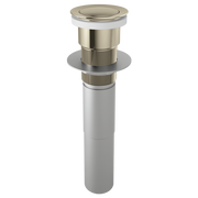 Polished nickel push button pop-up drain assembly with white collar ring and cylindrical body for sink installation.