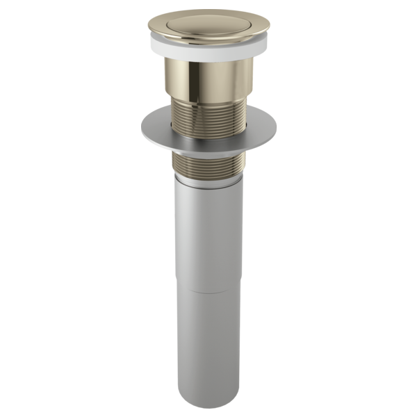 Polished nickel push button pop-up drain assembly with white collar ring and cylindrical body for sink installation.