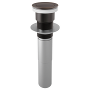 Venetian bronze push button pop-up drain assembly with white collar and gray cylindrical body.
