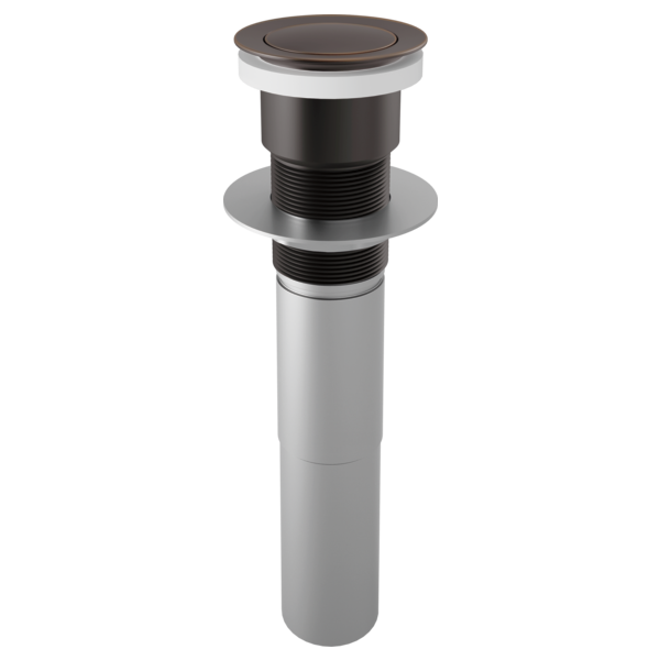 Venetian bronze push button pop-up drain assembly with white collar and gray cylindrical body.