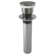 Luxe steel push button pop-up drain assembly with threaded cylindrical body and circular top button.